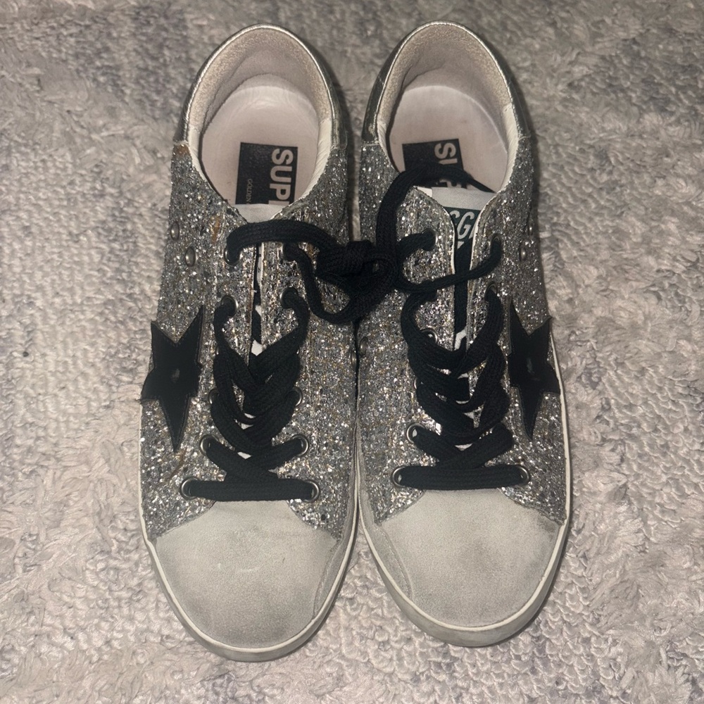 GOLDEN GOOSE SUPERSTAR Black COCCO Glitter STAR Sneakers Authentic